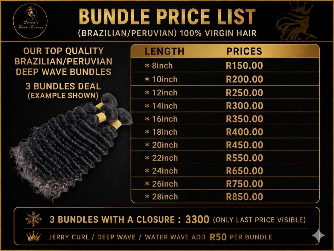 Brazilian and Peruvian virgin hair bundle price list per inch length